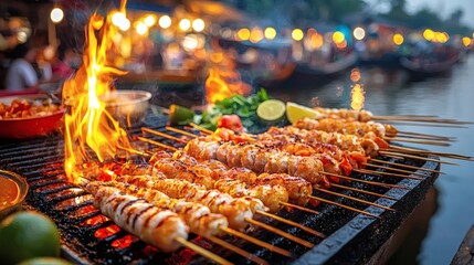 traditional Thai boat vendor grilling skewers over a charcoal grill delicious street food floating market authentic flavors rich cultural heritage Stock Photo with side copy space