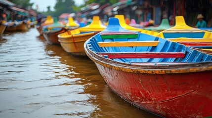 Obraz premium reflection of colorful boats on the calm waters of a floating market picturesque view peaceful atmosphere cultural charm of Thailand riverside commerce Stock Photo with side copy space