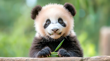 Obraz premium Adorable panda cub eating bamboo, lush green background, wildlife conservation