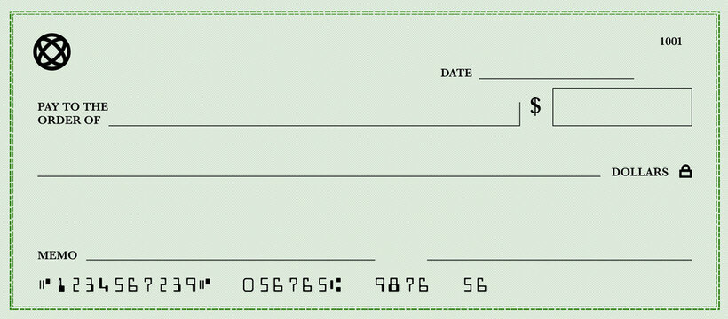 Green Bank check. US dollar check background. Currency payment coupon. Blank money cheque. Check book template with pattern and empty fields.