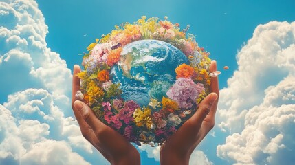 Globe earth surrounded by flowers in hands. Care for environment and planet, ecology