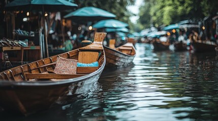 Obraz premium row of boats at a floating market displaying handmade souvenirs intricate crafts wooden carvings silk scarves cultural artisan market Thai tradition Stock Photo with side copy space