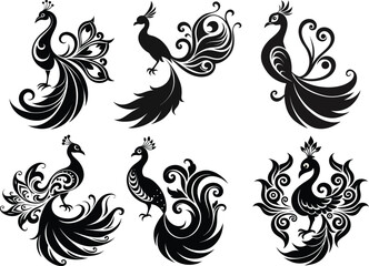 Set of Elegant Peacock Silhouette Stencil Vector Illustration Design