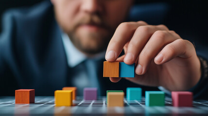 Naklejka premium person in suit carefully places colorful wooden cube on grid, showcasing focus and precision. vibrant cubes create visually engaging scene