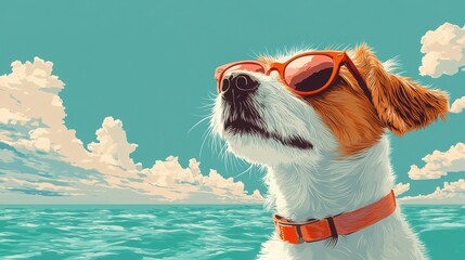 small dog jack russell terrier wearing red sunglasses and collar, see sky clouds in background