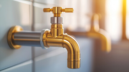 Close up of brass faucet with stainless steel pipes in modern bathroom, showcasing sleek design and functionality. warm light enhances metallic finish