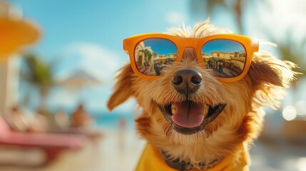 happy cute small dog wearing yellow sunglasses on vacation holidays