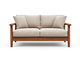 modern wooden frame sofa with beige cushions isolated on white background