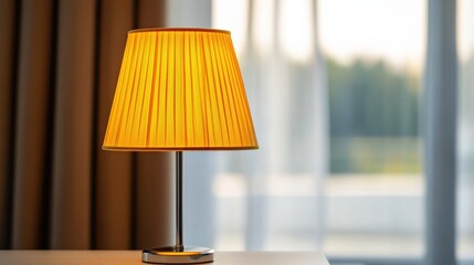 Obraz premium a modern yellow lamp illuminates a bedroom with sheer curtains and a view of trees