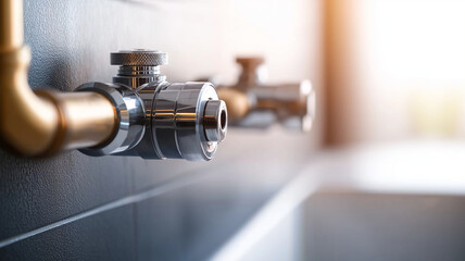 Close up of bathroom water pipes featuring shiny brass and chrome fittings, showcasing modern plumbing design and functionality. image conveys sense of cleanliness and efficiency