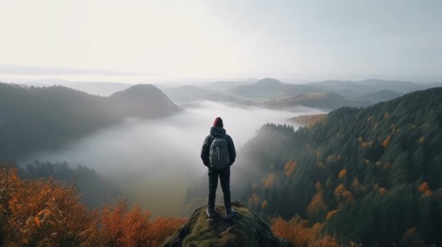 Hiker Standing On Rocky Outcrop Overlooking Vast Misty Landscape With Autumn Foliage