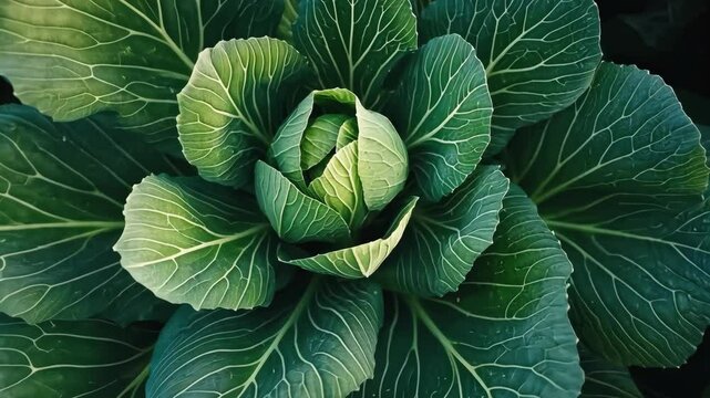 Freshly grown green cabbage with intricate leaf patterns in a garden setting under natural sunlight