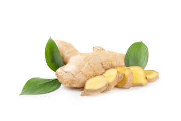 Fresh ginger and lemon isolated on white background. Sliced ​​ginger. Ginger root. Traditional...