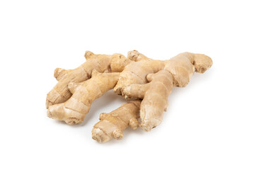 Fresh ginger and lemon isolated on white background. Sliced ​​ginger. Ginger root. Traditional alternative medicine, healing tea for immunity. Close-up.