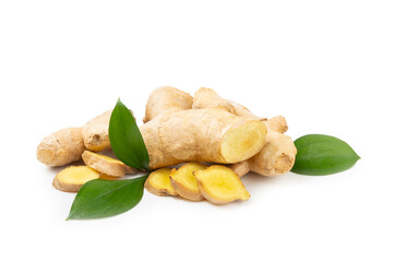 Fresh ginger and lemon isolated on white background. Sliced ​​ginger. Ginger root. Traditional alternative medicine, healing tea for immunity. Close-up.