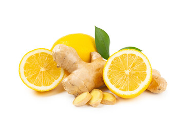 Fresh ginger and lemon isolated on white background. Sliced ​​ginger. Ginger root. Traditional...