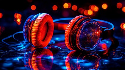Vibrant headphones with glowing lights reflecting on a surface, creating a dynamic atmosphere