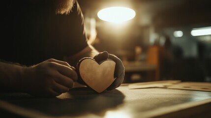 Craftsman shaping wooden heart in workshop with warm lighting