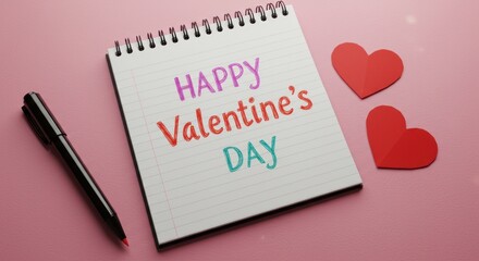 A spiral bound notebook with the text Happy Valentine's Day and heart shapes