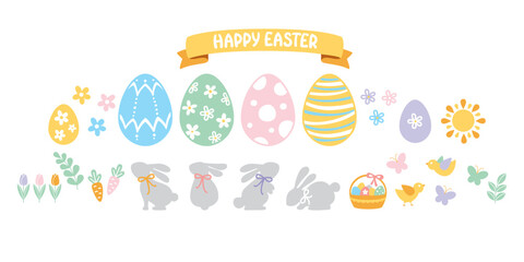 Cute Easter set. Spring collection of bunnies, flowers and decorations. For posters, cards, stickers, textiles.