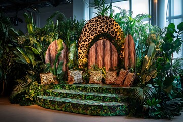A captivating birthday stage with a jungle theme, integrating vibrant greens, animal prints, and faux foliage that creates an adventurous and wild ambiance for guests.
