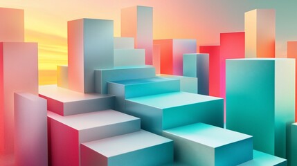 Abstract Pastel Colored Geometric Cube Staircase Landscape