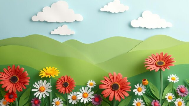 Vibrant and whimsical paper cut landscape with mountainous background, fluffy white clouds, rolling green hills, colorful paper flowers, daisies, gerbera, daisies, colorful, fluffy white clouds