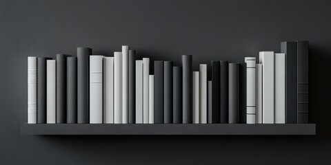 Obraz premium Minimalist black and white bookshelf display with various sized books