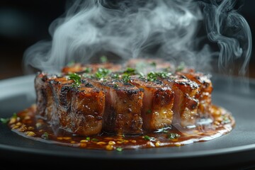 Artfully Presented Wood-Smoked Meat Dish in an Elegant Fine Dining Setting