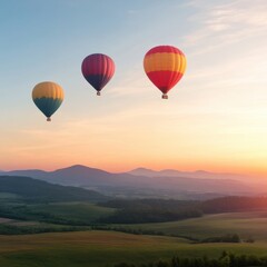 Obraz premium hot air balloons soar over a picturesque landscape at sunset