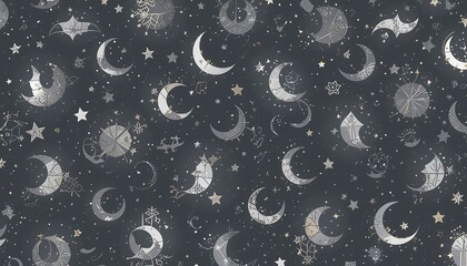 Crescent moons and stars in a monochromatic gray pattern, symbolizing celestial beauty and Islamic festive traditions.
