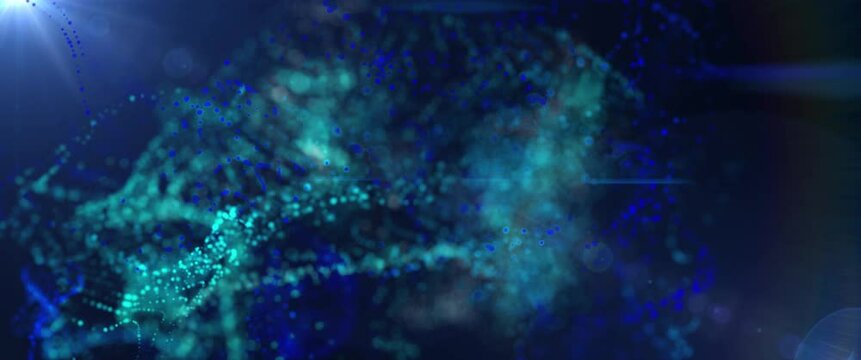 Blue particle effect on black background depth of field ultra wide