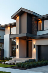 Modern House Exterior at Dusk: Contemporary Architecture and Luxury Home Design