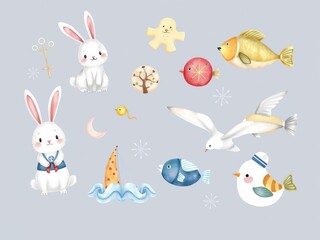 Watercolor cartoon rabbit sailor animal set with marine elements illustration, childish, cute, collection