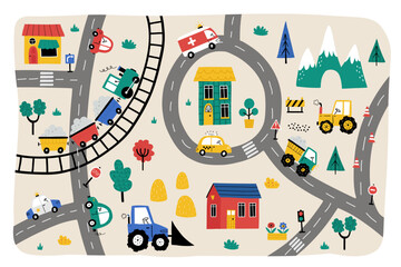Cute little town map with cars, houses, mountains, roads, trees, train, police car, ambulance, truck. Doodle cityscape for nursery carpet print. Hand-drawn maps for kids room, nursery decor, bed linen