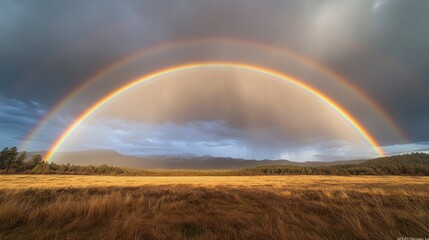Naklejka premium Double Rainbow over Mountain Meadow Sunset