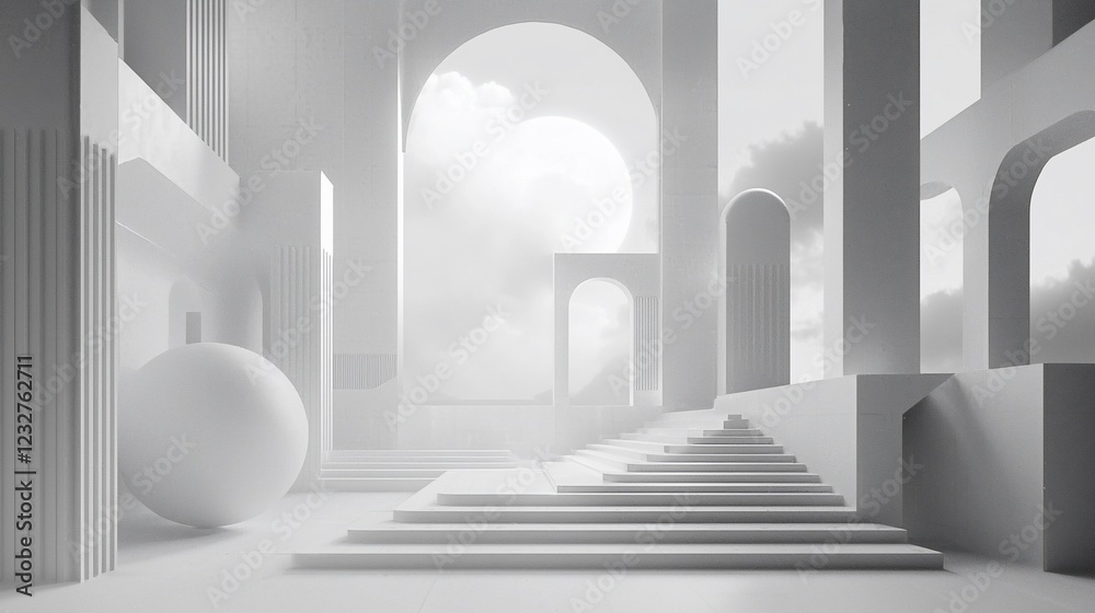 Poster Minimalist White Architectural Structure With Sphere And Steps