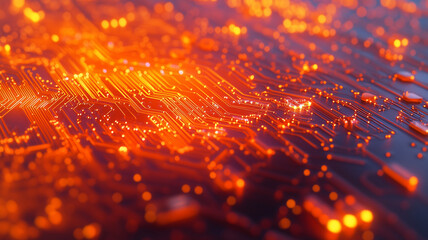High tech circuit board with glowing orange lights and intricate patterns. vibrant colors create dynamic and energetic atmosphere, perfect for technology themes