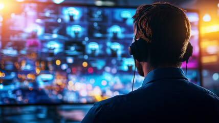 Fototapeta premium hacker silhouette wearing headphones, focused on multiple screens displaying data. vibrant lights create tech savvy atmosphere, emphasizing digital world