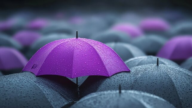 Standing Out Bright Purple Umbrella Amidst a Sea of Wet, Gray Umbrellas on a Rainy Day.