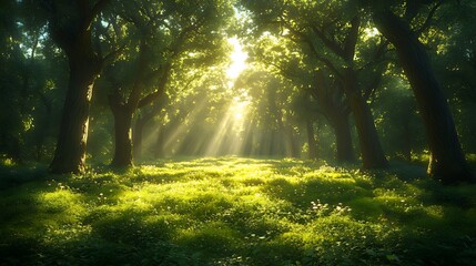 Obraz premium Sunbeams illuminate forest path, nature background, idyllic scene, peaceful