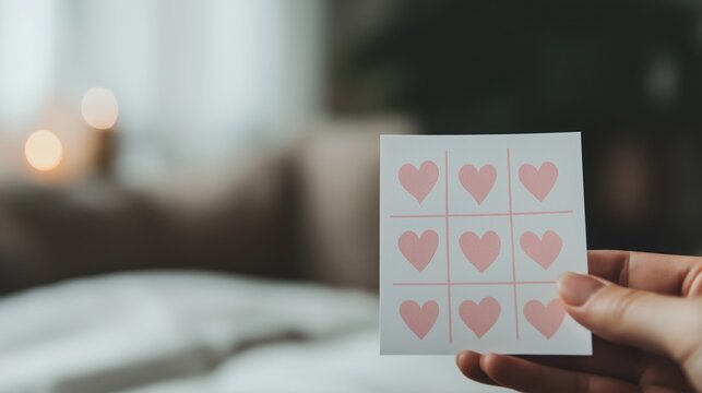 Hand holding tic-tac-toe love game card with pink hearts on cozy background