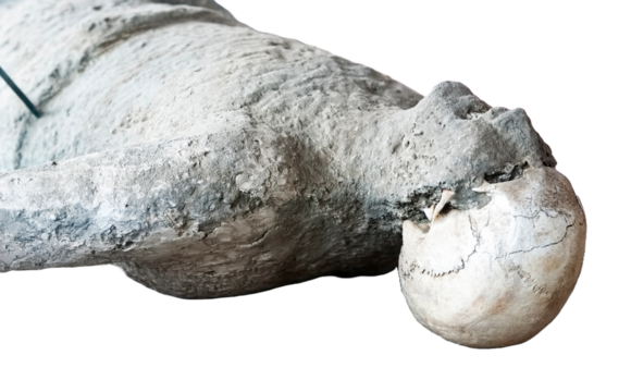 Plaster cast of a Victim of the eruption of Mt Vesuvius in Pompeii. PNG image transparent background.