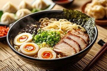 Traditional ramen with pulled pork or chicken. With udon or ramen noodles. There are dumplings in the background.