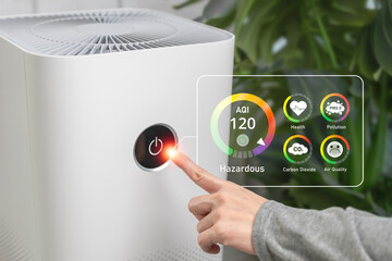 Air quality, Pollution Air Quality Analysis concept, Women open switch of Air purifiers, Air Quality Index, PM 2.5 reduction, Healthcare protection, analyze weather conditions, Smart Home Application