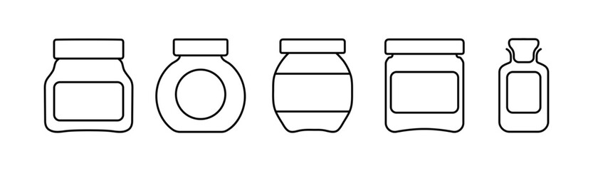 Glass jar line icon set. Homemade conserve,jelly. Jam jar glass icon set.