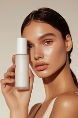 Beautiful Young Woman Holding Skincare Product Against Neutral Background