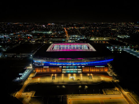 An aerial view of the Everton Stadium at Bramley-Moore Dock in Liverpool, UK