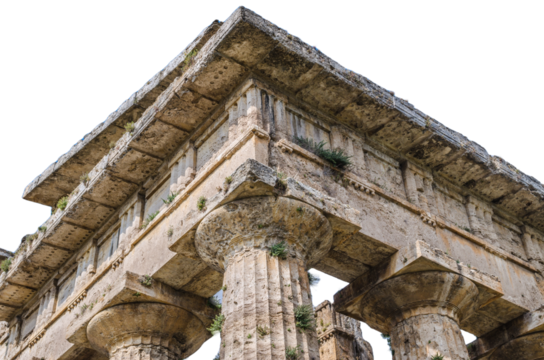Old ruins of an ancient temple Isolated on transparent background. The Greek temple. Front view. Png File.