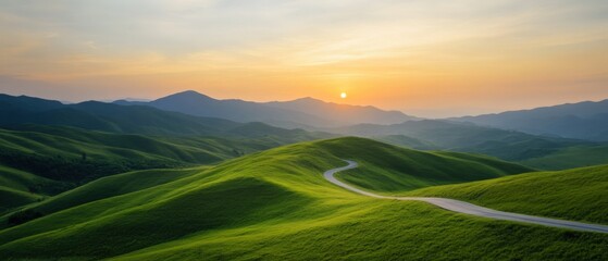 Fototapeta premium winding road through lush green hills at sunset